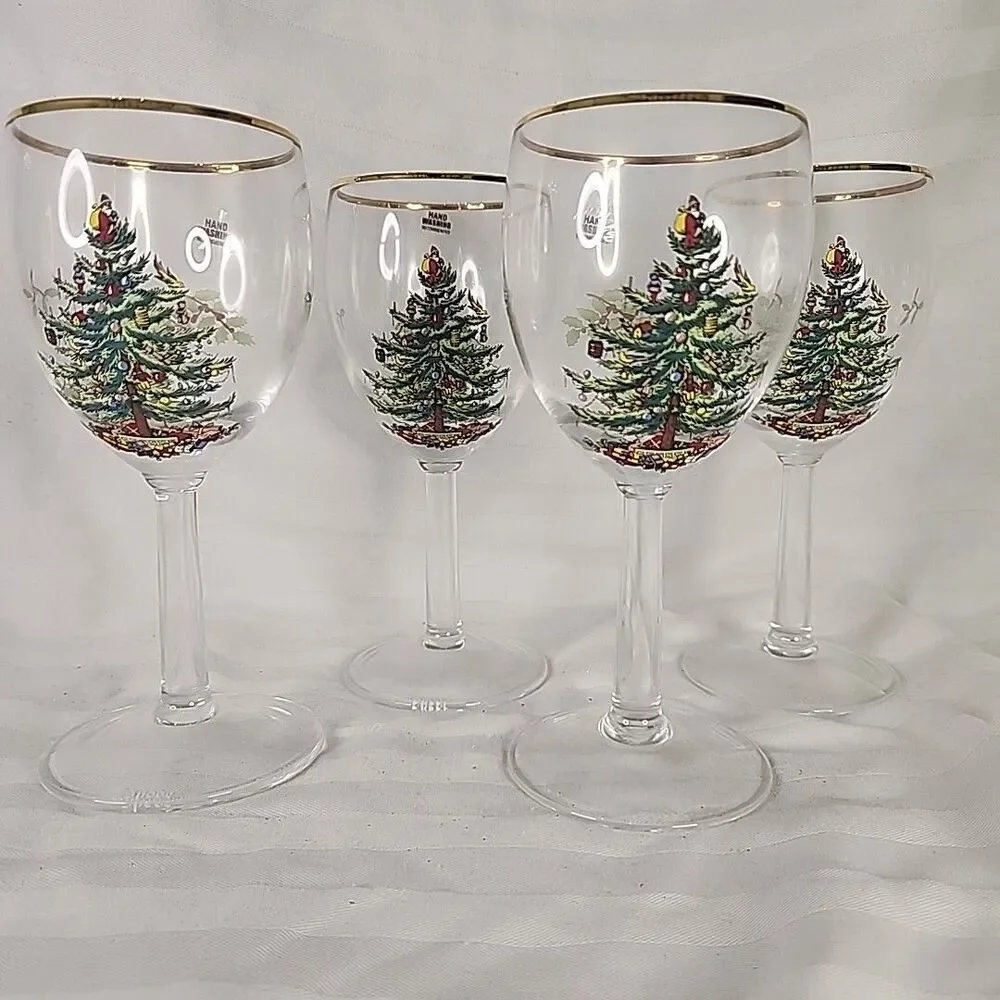 Spode Christmas Tree Wine Glasses 13 Ounce with Gold Rims, Set of 4 NEW